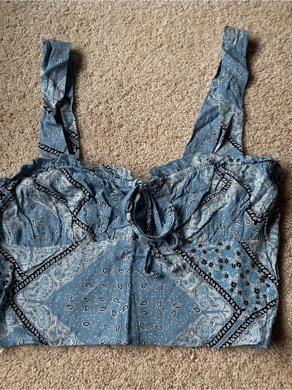 La Hearts Blue Paisley Tie-Front Crop Top with Wide Straps